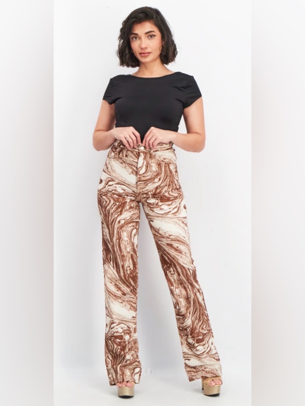 Topshop Marble Swirl Wide-Leg Pants in Brown and Cream size 26w30l